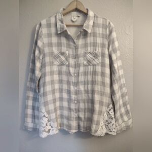 White Crow Long Sleeve Button Down with Crochet Embellished Hem